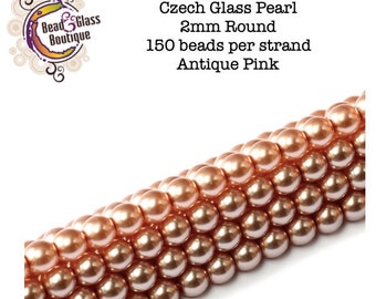 Czech Glass Round Pearl Druk Bead, Single Hole, Antique Pink (Shiny), SIZE: 2mm (150 beads); Bead Weaving Embroidery Embellish Crazy Quilt