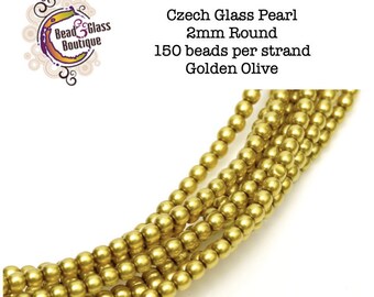 Czech Glass Round Pearl Druk Bead, Single Hole, Golden Olive (Shiny), SIZE: 2mm (150 beads); Bead Weaving Embroidery Embellish Crazy Quilt