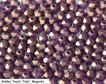 DISCONTINUED Firepolish Czech Glass Faceted Round Bead, 4mm, Golden Touch "Halo" Magenta, CHOOSE: 50 -or- 100 beads; Bead Weaving Embroidery