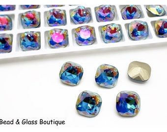 Glass Rhinestone,  Cushion Cut 10mm Square #4470 Bermuda Blue LA (Foiled); 4 pieces No Hole Pointback Flat Top; Bead Weaving Bead Embroidery