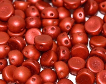 Czech Glass 2-hole Cabochon Bead, Two Hole Bead, 6mm, 20 beads, Lava Red; Semi-Matte Metallic; Bead Embroidery, Bead Weaving