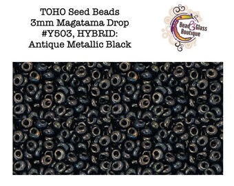 Seed Bead, Toho Magatama 3mm, Japanese Drop Bead, approximately 11 gram tube, #Y503, Hybrid: Antique Metallic Black; Bead Embroidery Fringe