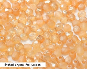 Firepolish Czech Glass Faceted Round Bead, 4mm, Etched Crystal Full Celsian, CHOOSE: 50 -or- 100 beads; Bead Weaving Embroidery Embellish