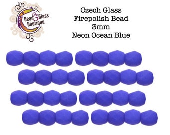 Firepolish Czech Glass Faceted Round Bead, 3mm, Neon Ocean Blue (matte finish), CHOOSE: 50 -or- 100 beads; Bead Weaving Embroidery