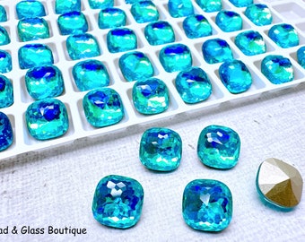 Glass Rhinestone, 10mm Square, EXCITE Aquamarine (Foiled); 4 pieces, No Hole, Pointback, Faceted Dome Top ; Bead Weaving Bead Embroidery