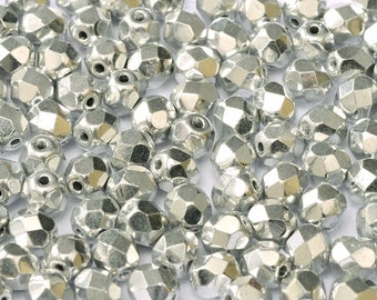 Firepolish Czech Glass Faceted Round Bead, 3mm, Full Labrador (Bright Metallic Silver), approximately 100 beads; Bead Weaving Embroidery