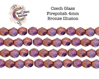 Firepolish Czech Glass Faceted Round Bead, 4mm Bronze Illusion (Purple Bronze), CHOOSE: 50 -or- 100 beads; Bead Weaving Embroidery