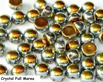 Czech Glass 2-hole Cabochon Bead, Two Hole Bead, 6mm, 20 beads, CHOOSE: Etched Crystal Full Marea or Full Marea (Metallic Orange-Yellow)