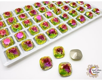Glass Rhinestone, Cushion Cut 10mm Square #4470, Vitrail Rose LA (Foiled); 4 pieces No Hole Pointback Flat Top; Bead Weaving Bead Embroidery