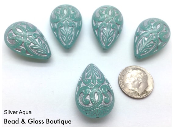 Qty 2 Green Aqua Coin Beads 22mm Round Mediterranean Design German Lucite