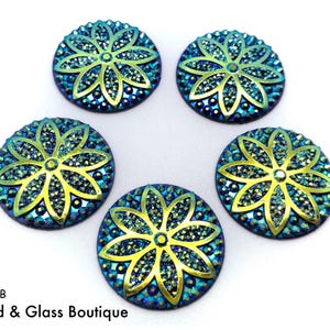 Acrylic Flatback Cabochons, Sunflower, 24mm Round, Pack of 2, CHOOSE AB: Jet, Pink, Purple, Yellow;  No Holes; Bead Embroidery