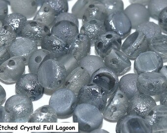 Czech Glass 2-hole Cabochon Bead, Two Hole Bead, 6mm, 20 beads, ETCHED Crystal Full Lagoon (Transparent Etched Denim Blue)