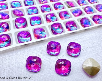 Glass Rhinestone, 10mm Square, EXCITE Violet (Foiled); 4 pieces, No Hole, Pointback, Faceted Dome Top ; Bead Weaving Bead Embroidery