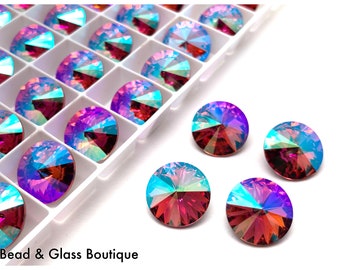 FAMOUS SW Crystal Rivoli, #1122, Rose Glacier Blue (Foiled), 14mm, Pack of 4, *SEE ViDEO* Pointback, Bead Weaving Embroidery, Austrian