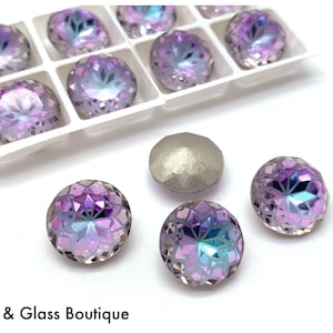 Glass Rhinestone - Lotus Chaton - 14mm Round - Vitrail Light (Foiled), 4 pieces, No Hole, Pointback, Flat Top; Bead Weaving Bead Embroidery