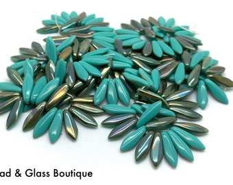 Czech Glass Dagger Beads, 5x16mm, Single Hole, Pack of 25, CHOOSE: Turquoise Celsian or Turquoise Picasso
