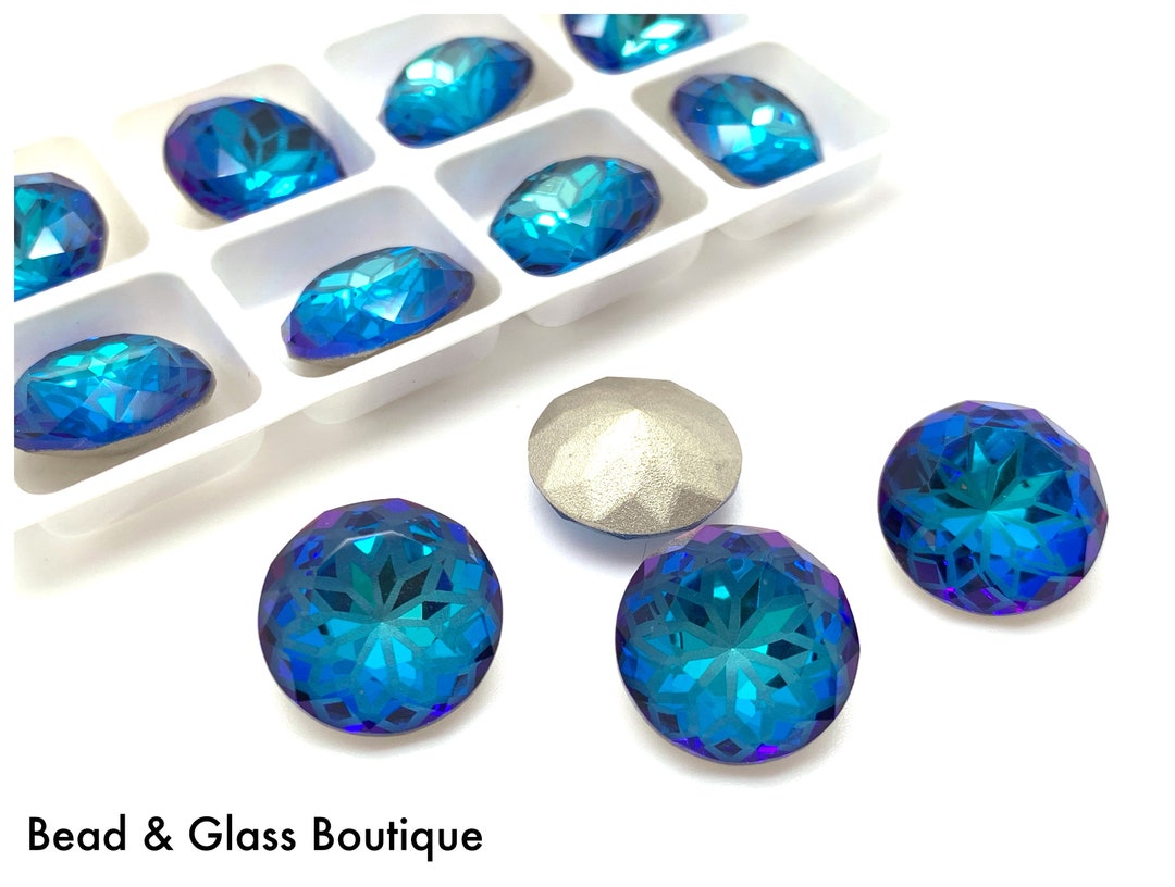 Glass Rhinestone - Lotus Chaton - 14mm Round - Bermuda Blue (foiled), 4 ...