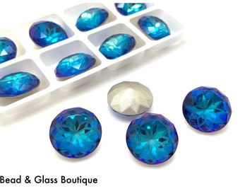 Glass Rhinestone - Lotus Chaton - 14mm Round - Bermuda Blue (Foiled), 4 pieces, No Hole, Pointback, Flat Top; Bead Weaving Bead Embroidery