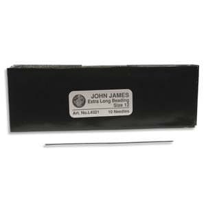May include: A package of 10 John James Extra Long Beading needles, size 12, art no. L4321. The needles are silver and come in a black plastic package with a white label.
