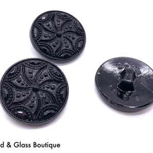 DISCONTINUED: Czech Glass Button, Glass Shank, 22mm Round, Fancy Swirl, Black - Sold Individually; Bead Embroidery, Clasp; Knitting Sewing