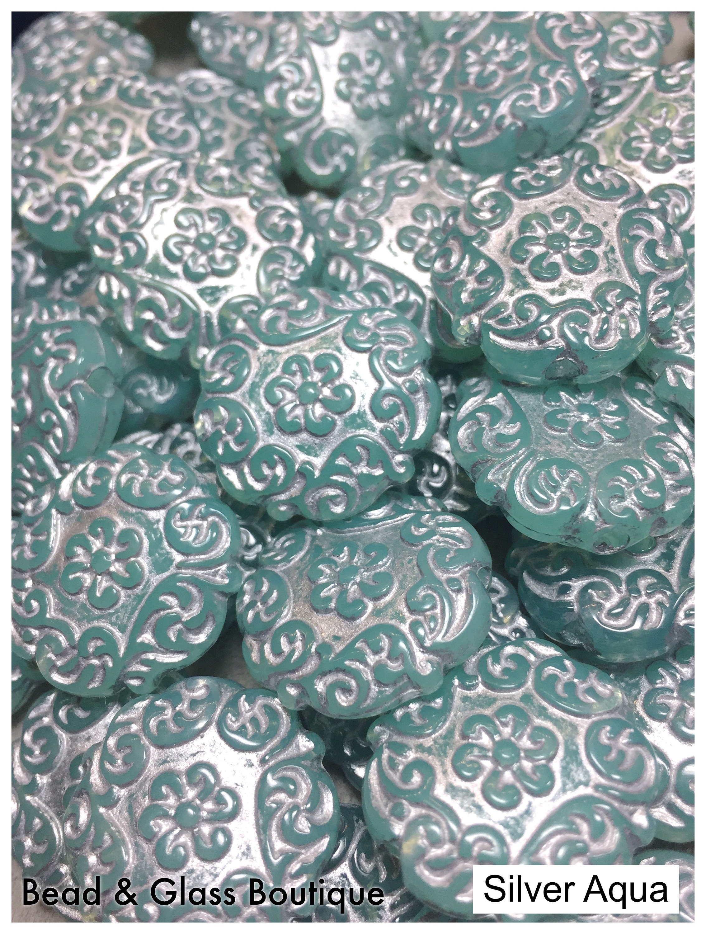 Green Aqua Coin Beads 22mm Round Mediterranean Design German Lucite Qty 2 
