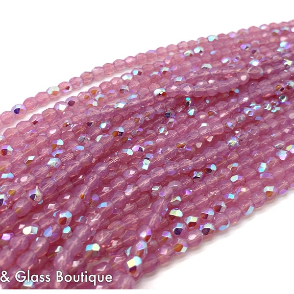 Firepolish Czech Glass Bead, 4mm, UNIQUE CoLoR - Pink Opal AB, CHOOSE: 50 or 100 beads; Bead Weaving Embroidery Crazy Quilt