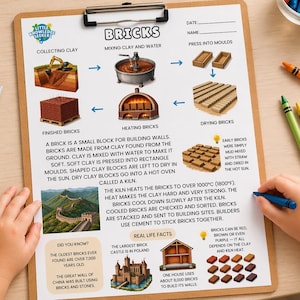 May include: A clipboard with a colorful educational diagram about bricks, including illustrations of the brick-making process. Crayons in orange, green, and yellow are next to the clipboard.