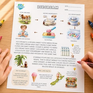 May include: A colorful educational worksheet about ice cream, with illustrations of cows, ingredients, and the ice cream-making process. A child is drawing with crayons on the worksheet. A scoop of ice cream is in a pink cup.