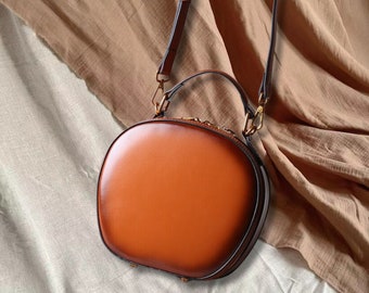 Fashion Cowhide Leather Bag,Shoulder Bag, Saddle Bag, Round Leather Bags, Trend Birthday Gift, Gift For her