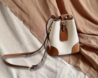 Color Blocking Genuine Leather Bucket Bag,Cross-body Bag,Shoulder Bag,Personalized Handbag,Birthday Gifts