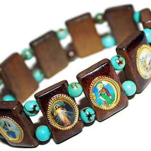 Catholic Saints Wooden Turquoise Charm Bracelet