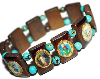 Catholic Saints Wooden Turquoise Charm Bracelet