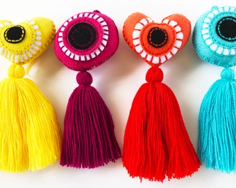 Heart Ojo embroidered tassel bag charm purse backpack Mexican healing power
