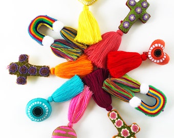 Heart Ojo embroidered tassel bag charm purse backpack Mexican healing power