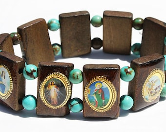 Wooden Catholic Saints Bracelet Elastic Stretch Wood Jewelry