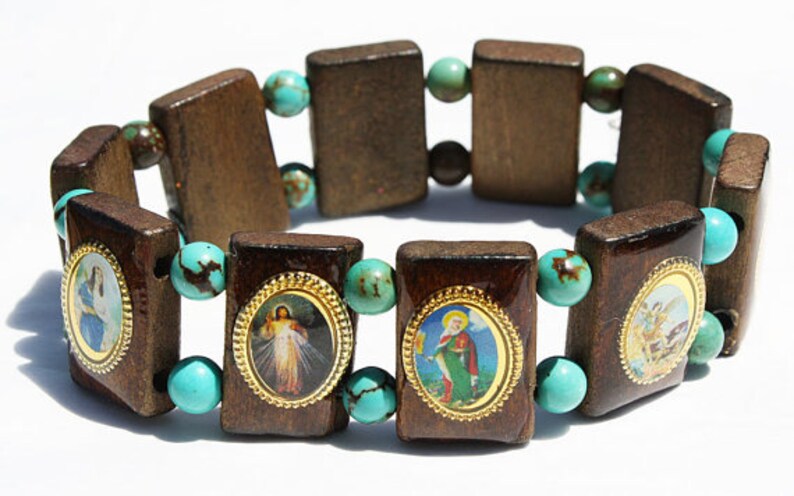 Saints Icon Black Wood Beads Stretch Bracelet – Jesus Mary Holy Images – Catholica Shop