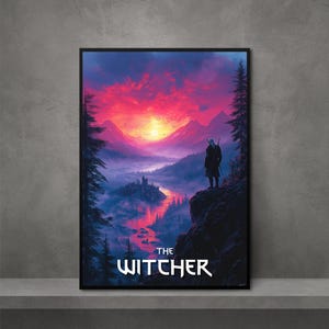 The Witcher Pixel Art Poster | Geralt Overlooking Sunrise Castle | Fantasy Wall Art Download | Gaming Decor | Digital Print for Gamers