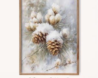 Snowy Pinecones Winter Botanical Art, Rustic Woodland Nature Print Digital Download