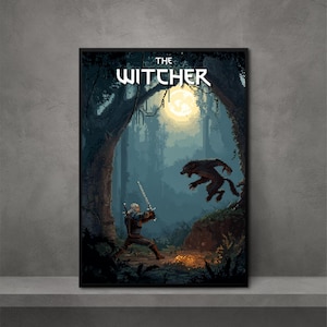 Witcher Pixel Art Print - Geralt vs Werewolf Under Moon | Dark Fantasy Battle | Digital Wall Art Decor