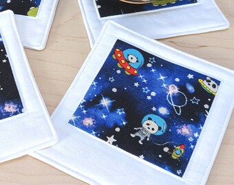 Astronaut Pandas - Set of 4 Coasters - Outer Space, Kawaii Japanese fabric drink coasters - rocket panda cotton linen canvas