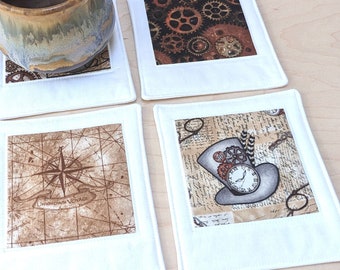 Steampunk Coasters - Set of 4 Beverage Mats - brown and white - top hats, cogwheel gears, map compass rose