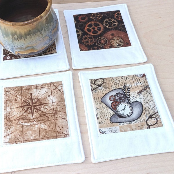 Steampunk Coasters - Set of 4 Beverage Mats - brown and white - top hats, cogwheel gears, map compass rose