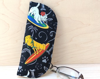 Surfing Dogs Eyeglass Case - S M - black fabric reading glasses sleeve, pet lovers gift