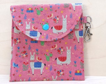 Pink Llama Accessory Pouch - 5" cotton linen case with swivel clip keychain, cute alpacas