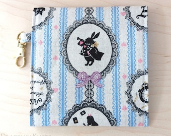 White Rabbit Wonderland Pouch - blue and ecru, cotton linen canvas accessory case with pink metal snap, Alice and friends