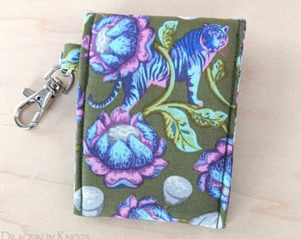 Tiger Lip Gloss Holder - Tall or Short Insulated Keychain Pouch, Olive Green Cotton Lip Balm Case, Card Wallet with Snap and Swivel Clip