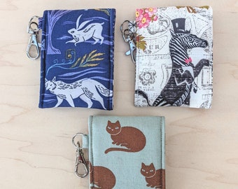 Set of 3 Mini Pouches with keychain clip - brown cat, fox and rabbit, zebra - animal themed lip gloss holders