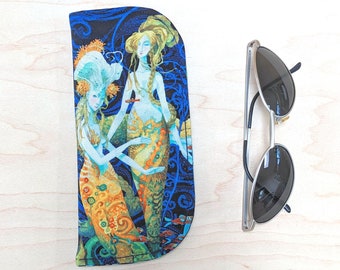 Mermaids Eyeglass Sleeve - Blue and Black Fabric Soft Sunglasses Case - M - Siren Eyewear Pouch