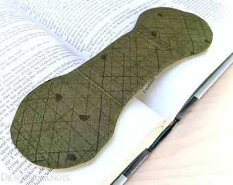 Green Book Weight - Mushroom Plaid Olive Cotton Fabric and Steel Page Holder, nature inspired book accessory for readers