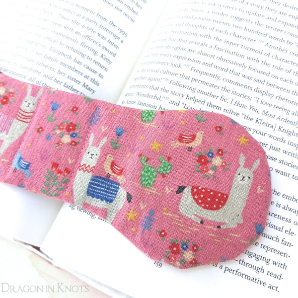 Llama Book Weight - pink fabric weighted bookmark page holder, cotton linen